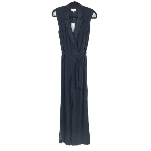 L'Agence Sleeveless Tuxedo Jumpsuit Belted Pockets Wide Leg Slit Black 2 - Picture 1 of 4